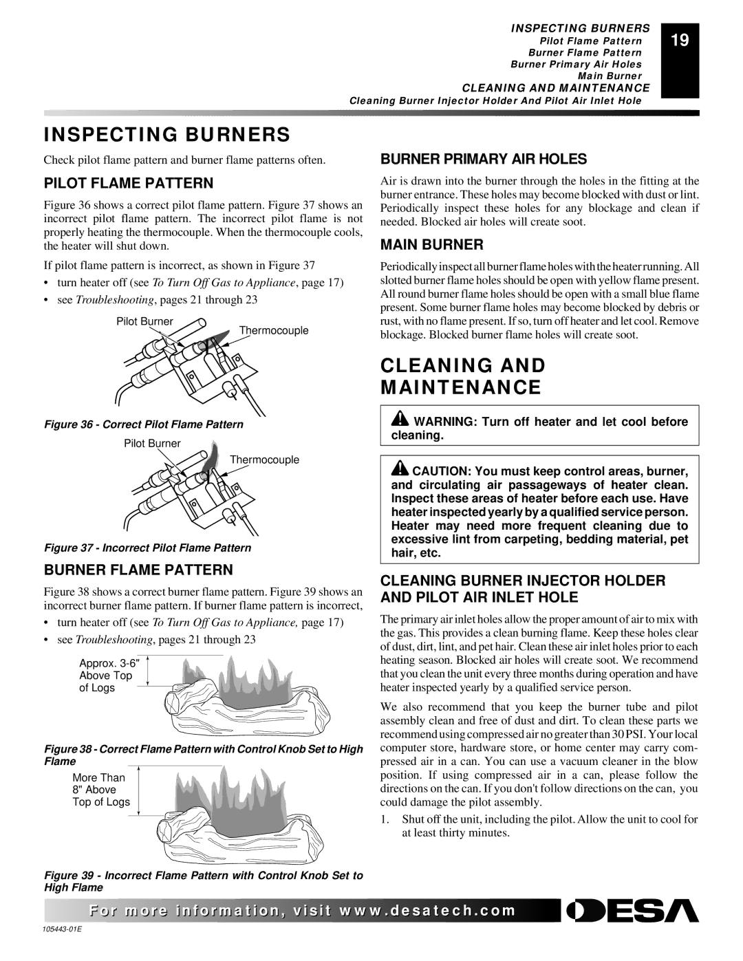 Desa CF26NR installation manual Inspecting Burners, Cleaning Maintenance 