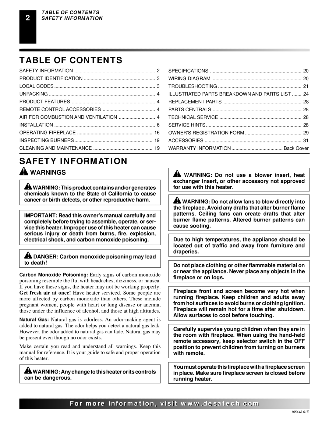 Desa CF26NR installation manual Table of Contents, Safety Information 