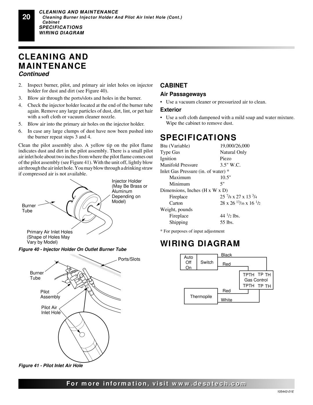 Desa CF26NR installation manual Specifications, Wiring Diagram, Cabinet, Air Passageways, Exterior 