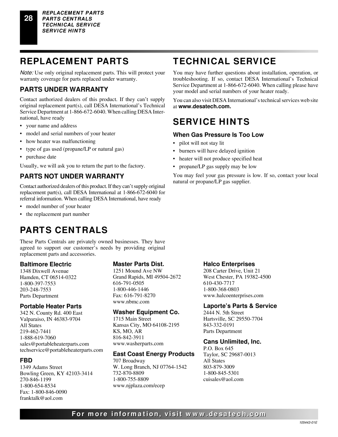 Desa CF26NR installation manual Replacement Parts, Parts Centrals, Technical Service, Service Hints 