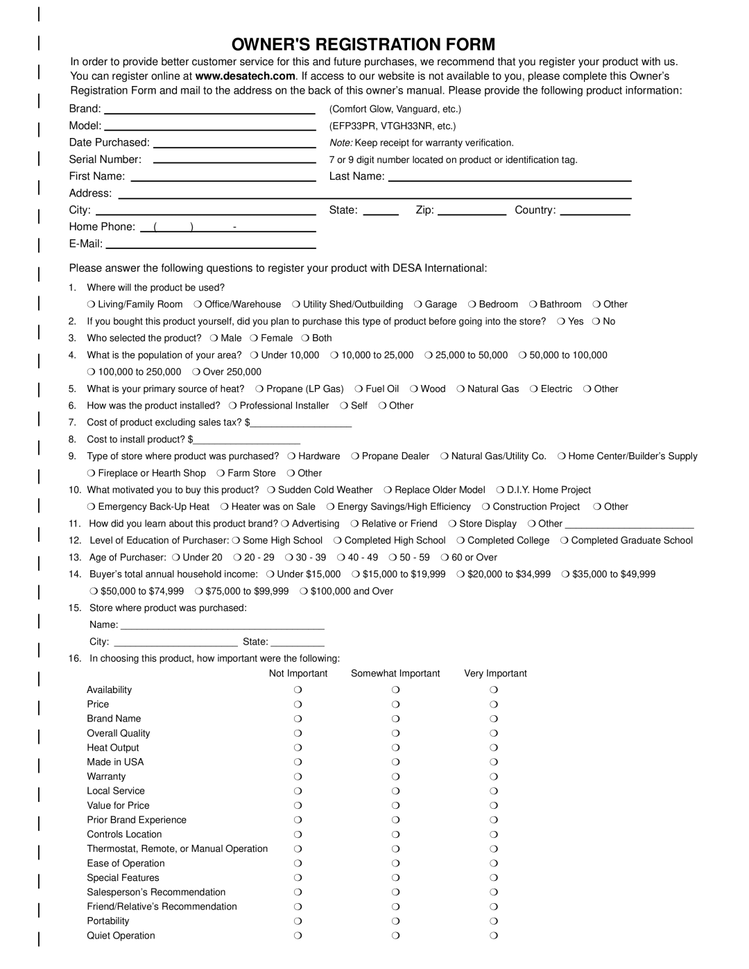 Desa CF26NR installation manual Owners Registration Form 