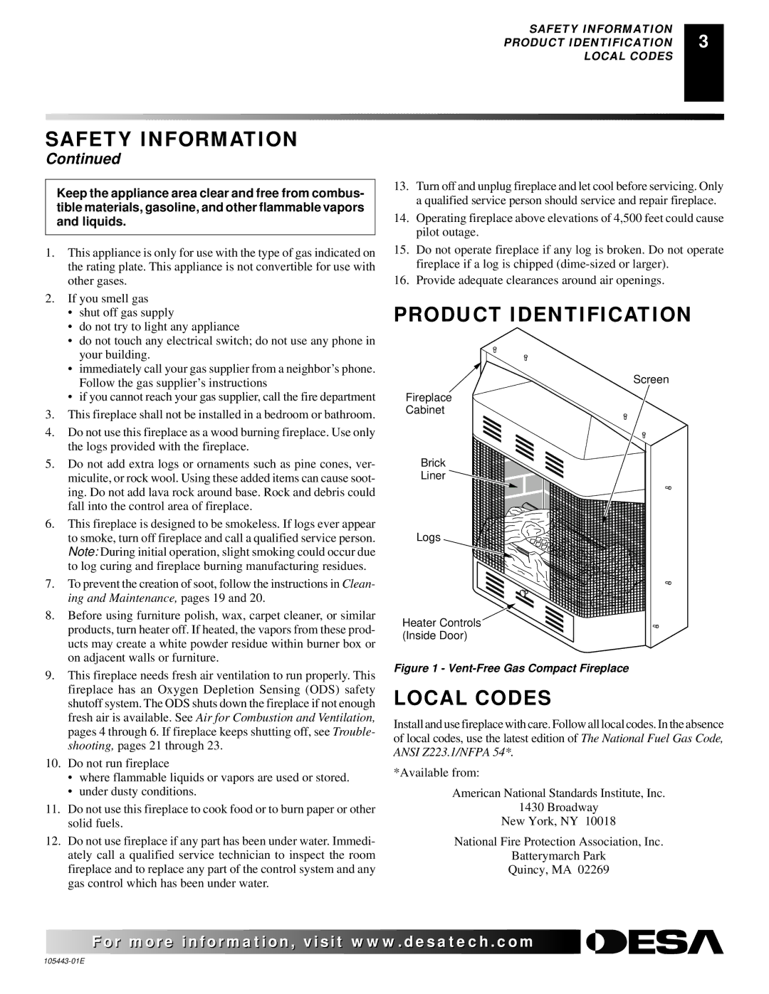 Desa CF26NR installation manual Product Identification, Local Codes 