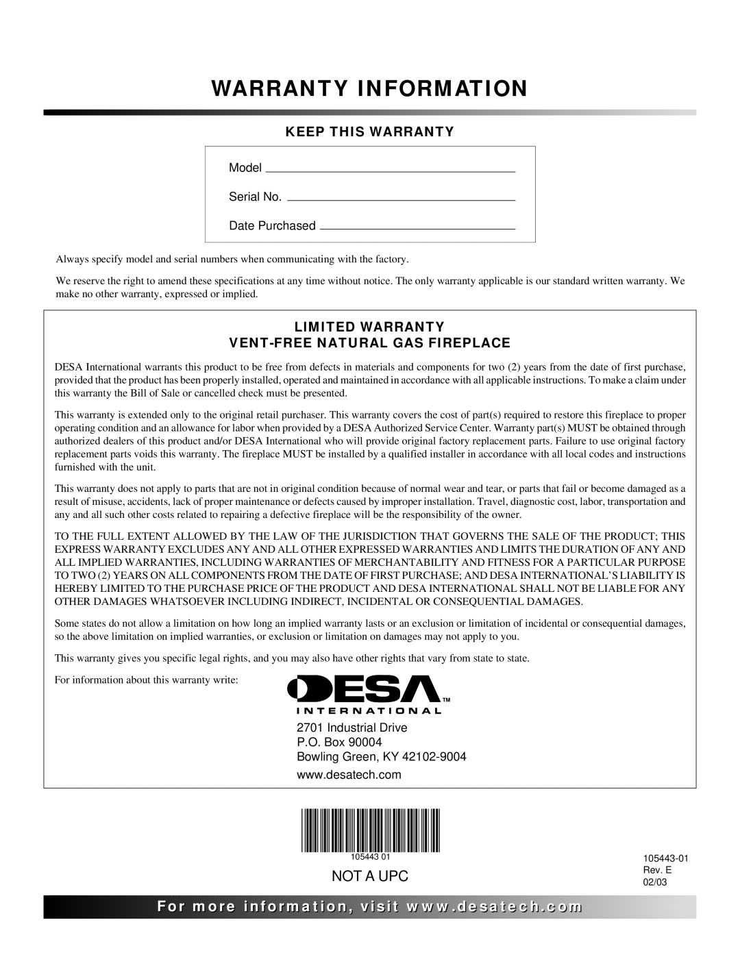 Desa CF26NR installation manual Warranty Information 