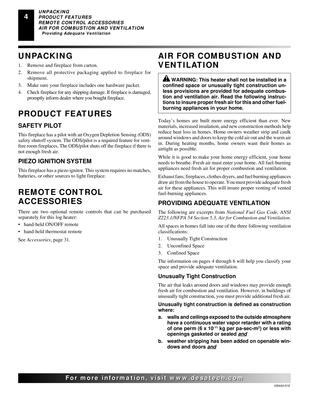 Desa CF26NR installation manual Unpacking, Product Features, Remote Control Accessories, AIR for Combustion and Ventilation 