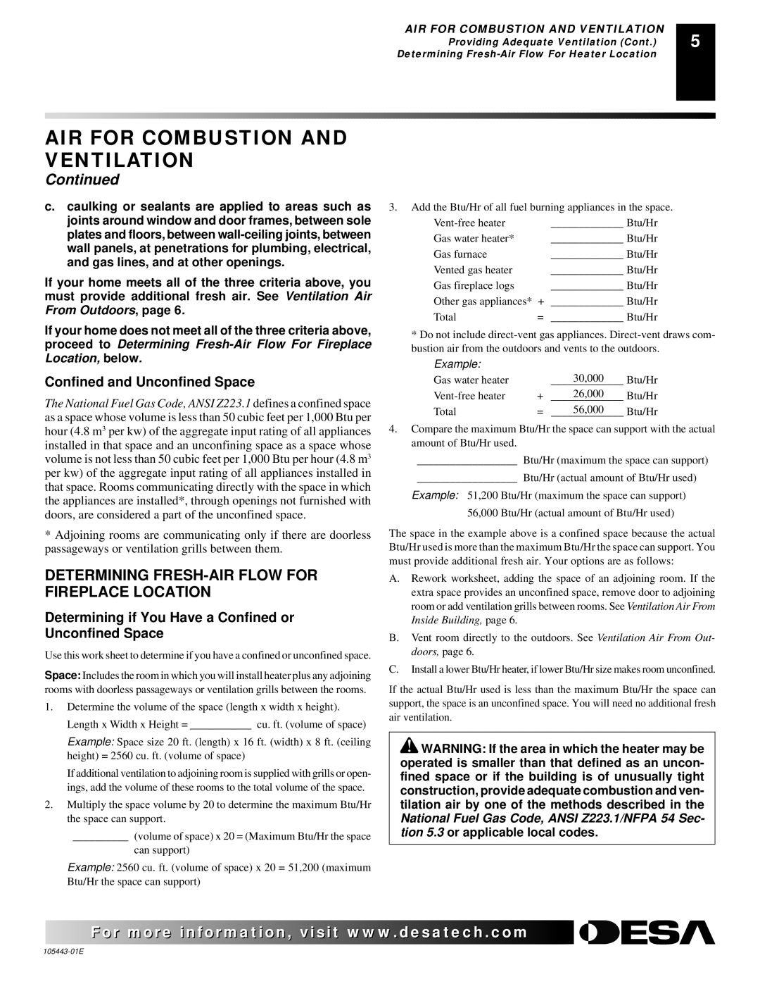 Desa CF26NR installation manual Determining FRESH-AIR Flow for Fireplace Location, Confined and Unconfined Space 