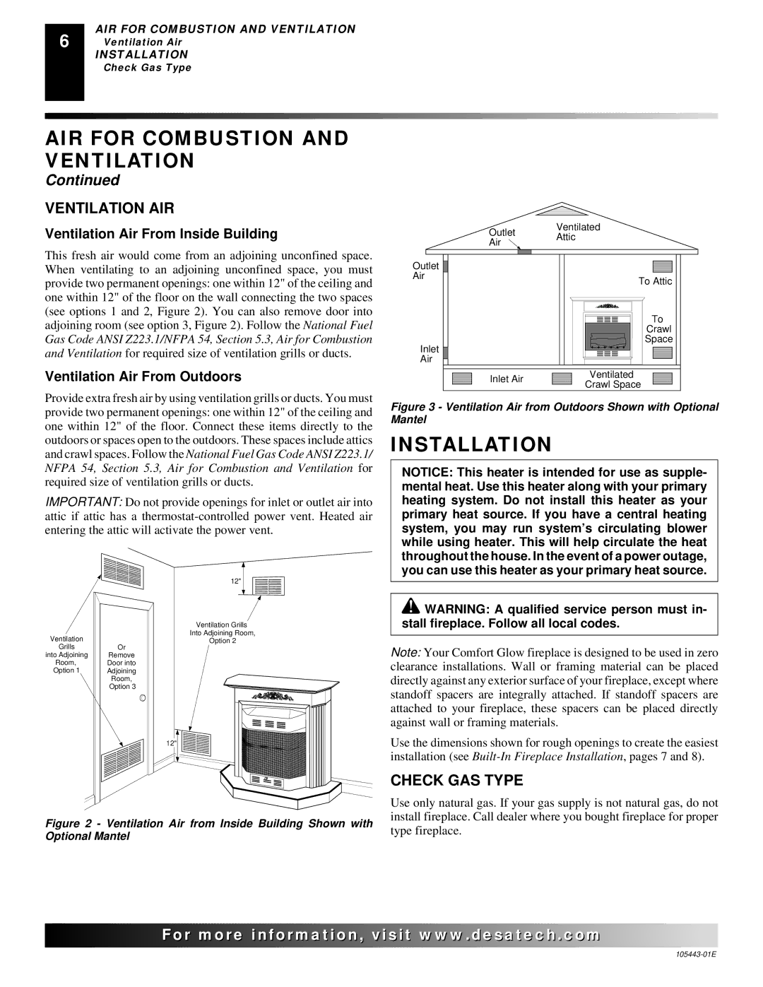 Desa CF26NR installation manual Installation, Ventilation AIR, Check GAS Type, Ventilation Air From Inside Building 