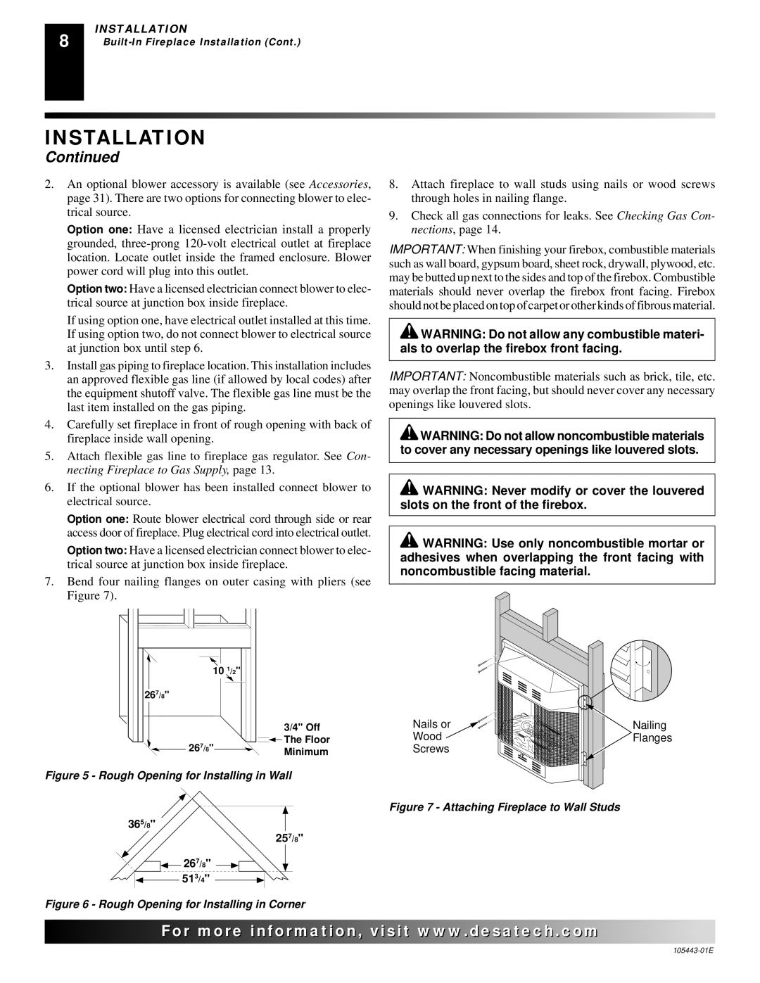 Desa CF26NR installation manual Rough Opening for Installing in Wall 