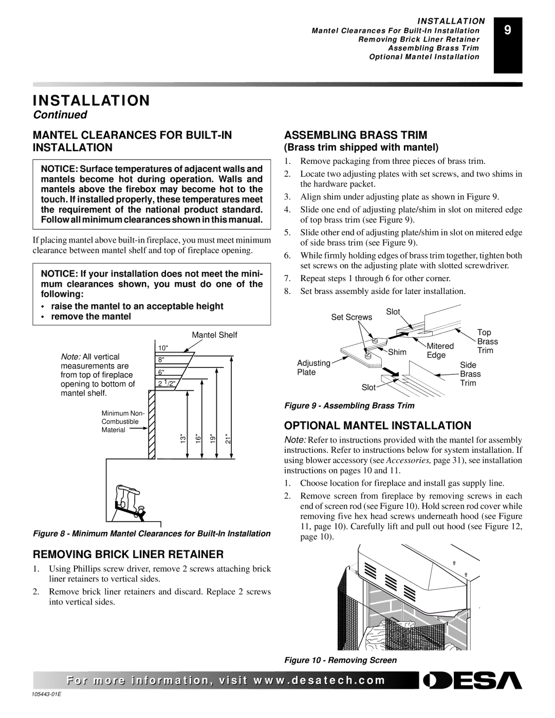 Desa CF26NR Mantel Clearances for BUILT-IN Installation, Assembling Brass Trim, Optional Mantel Installation 