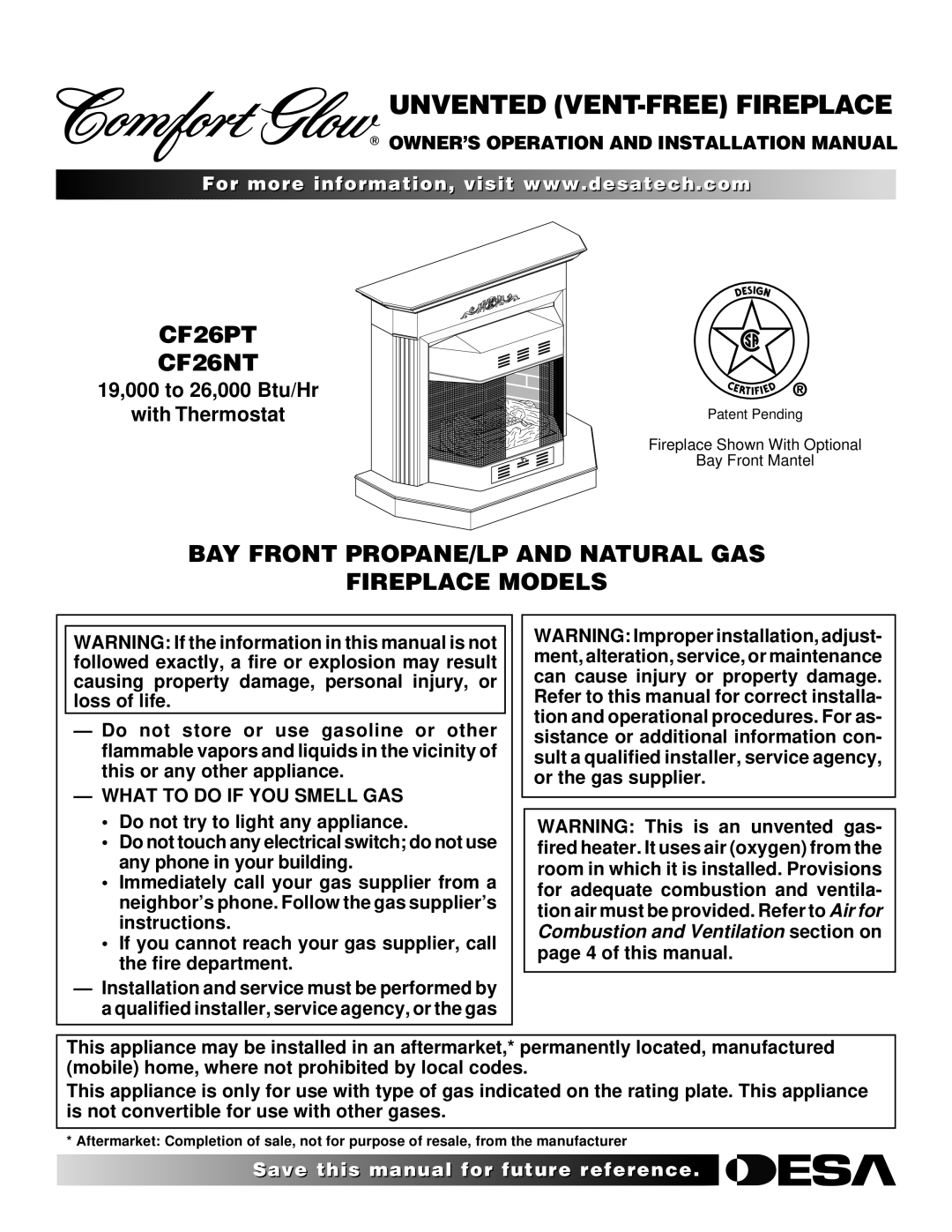 Desa CF26NT installation manual OWNER’S Operation and Installation Manual, What to do if YOU Smell GAS 