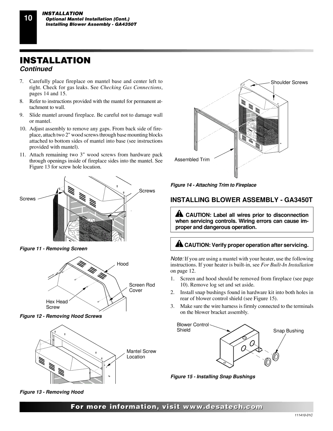 Desa CF26NT installation manual Installing Blower Assembly GA3450T, Removing Screen 