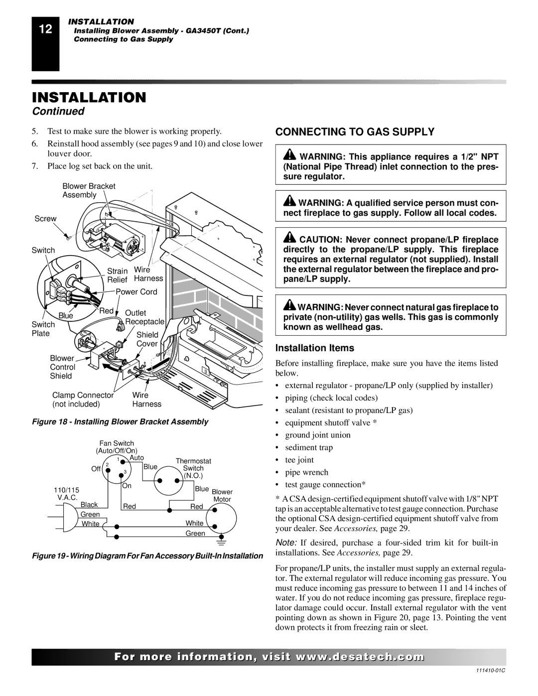 Desa CF26NT installation manual Connecting to GAS Supply, Installation Items 