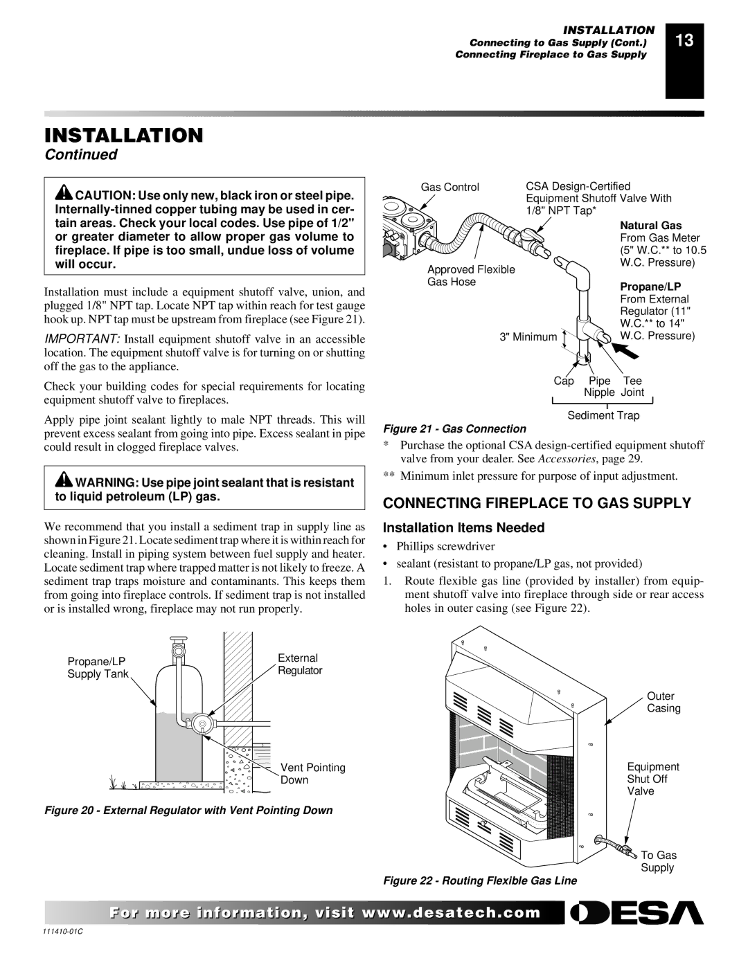 Desa CF26NT installation manual Connecting Fireplace to GAS Supply, Installation Items Needed 