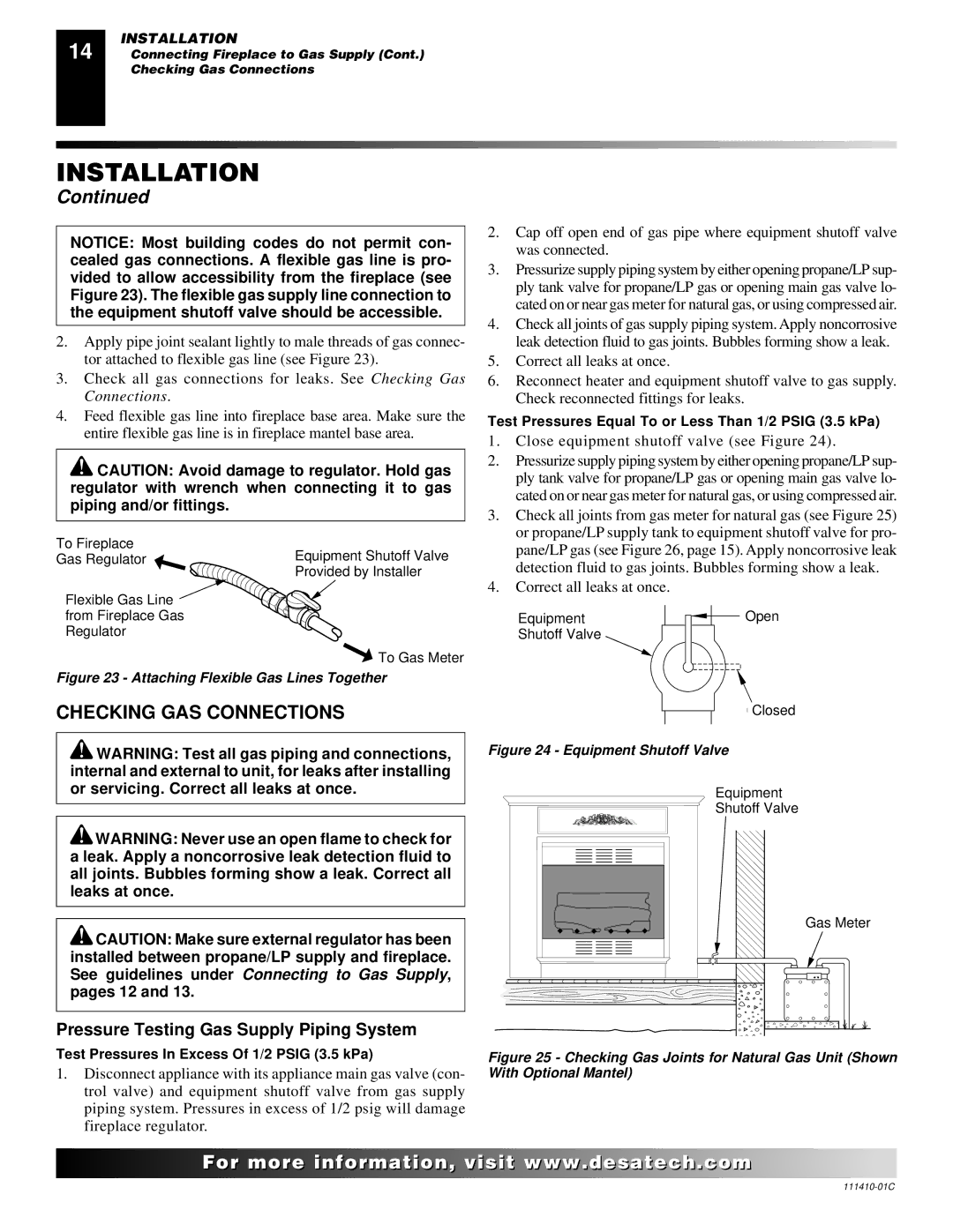 Desa CF26NT installation manual Checking GAS Connections, Pressure Testing Gas Supply Piping System 