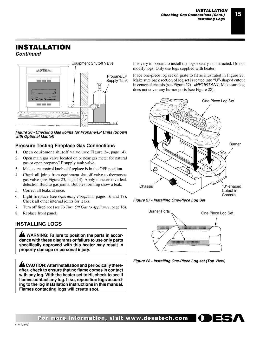 Desa CF26NT installation manual Installing Logs, Pressure Testing Fireplace Gas Connections 