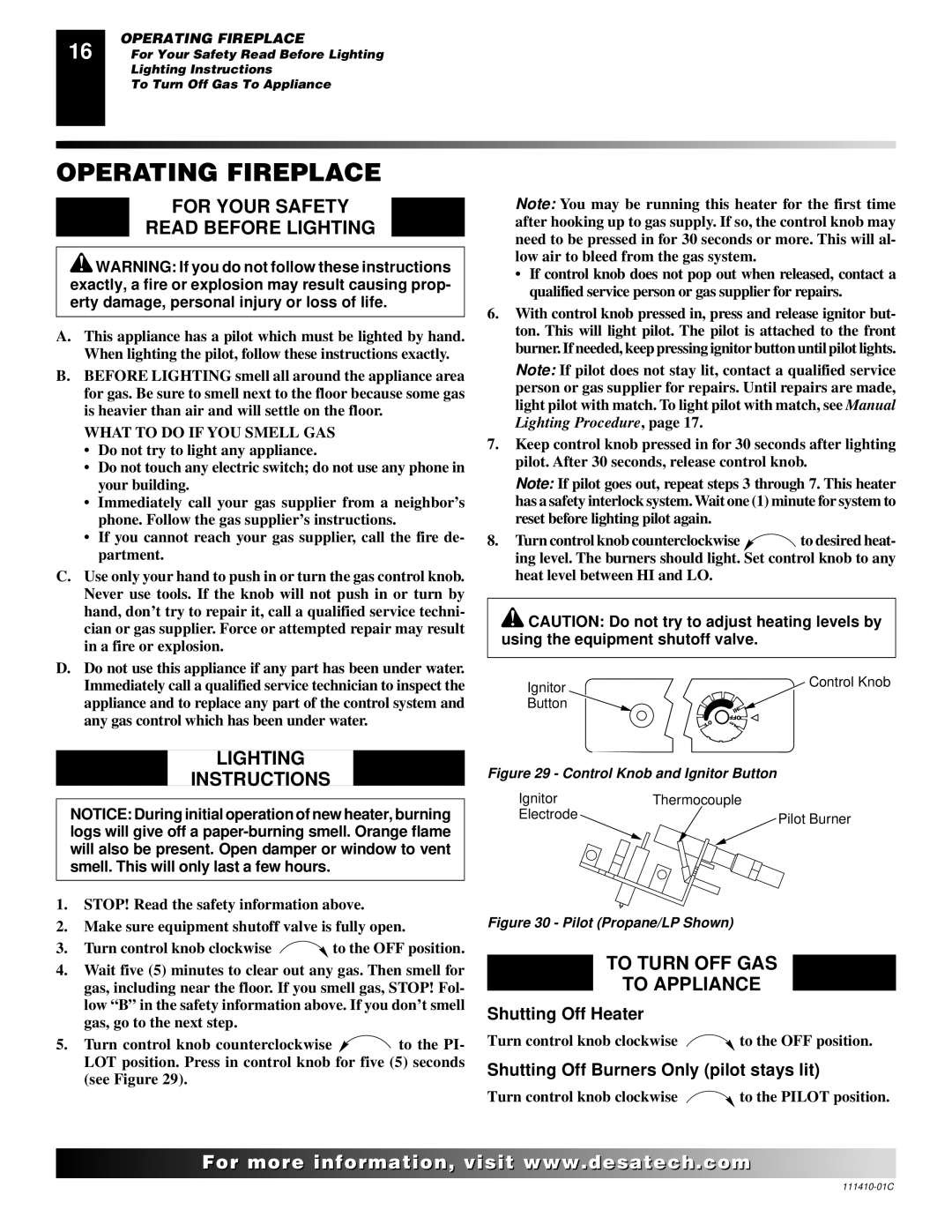 Desa CF26NT Operating Fireplace, For Your Safety Read Before Lighting, Lighting Instructions, To Turn OFF GAS To Appliance 