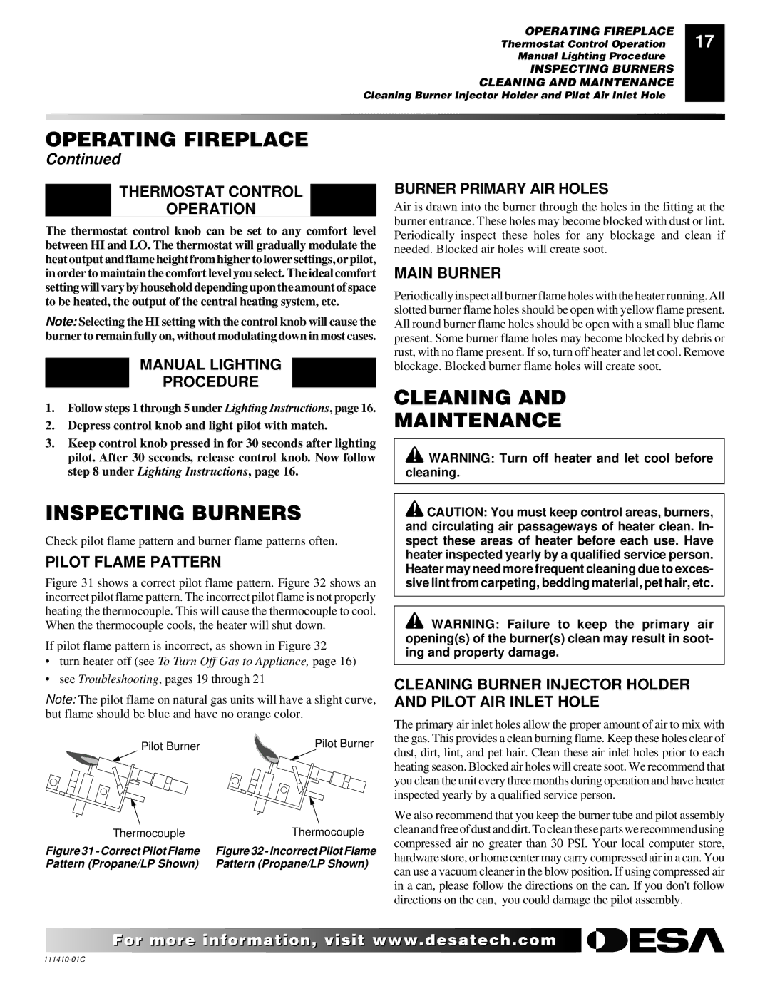 Desa CF26NT installation manual Inspecting Burners, Cleaning Maintenance 