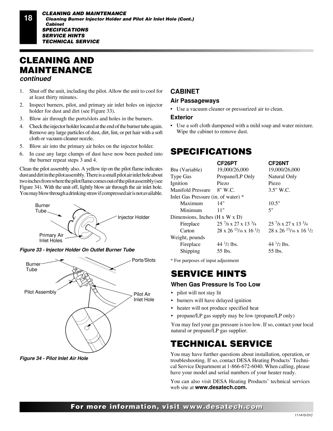 Desa CF26NT installation manual Specifications, Service Hints, Technical Service, Cabinet 