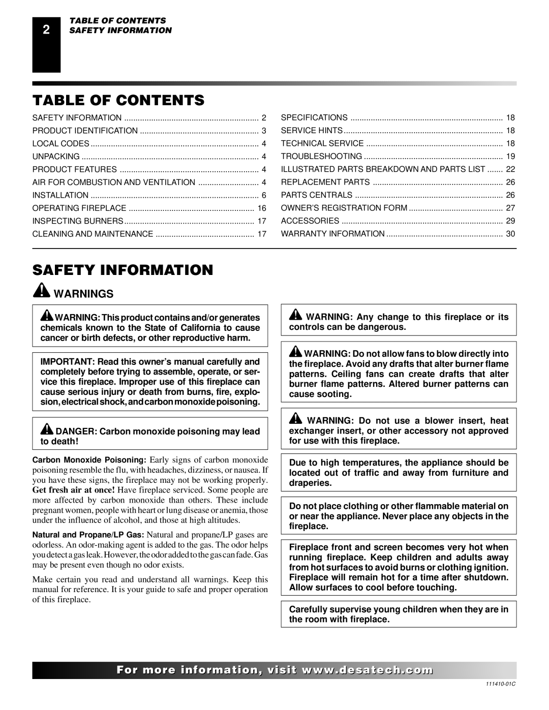 Desa CF26NT installation manual Table of Contents, Safety Information 