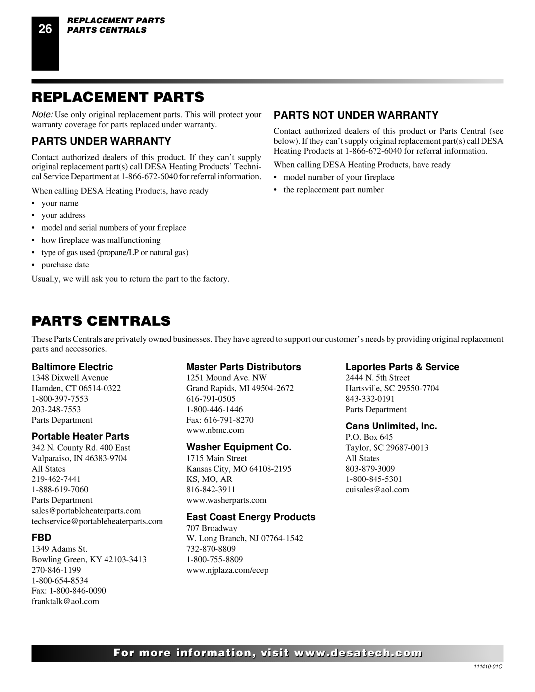 Desa CF26NT installation manual Replacement Parts, Parts Centrals, Parts Under Warranty, Parts not Under Warranty 