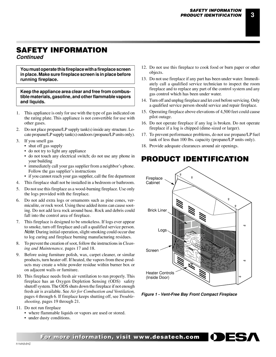 Desa CF26NT installation manual Product Identification, Vent-Free Bay Front Compact Fireplace 