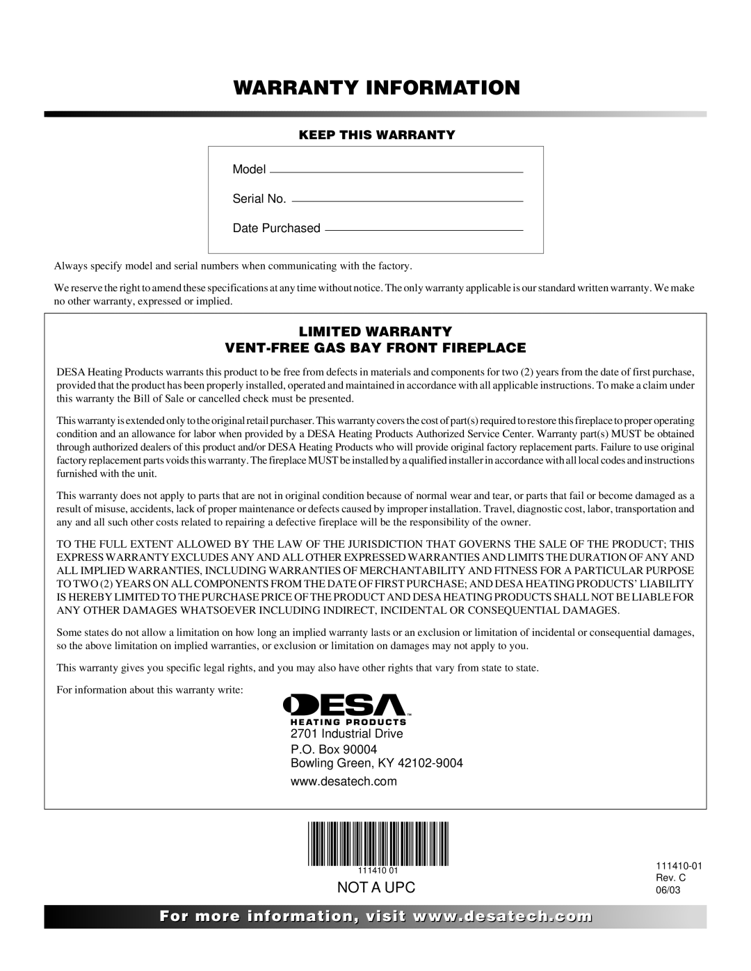 Desa CF26NT installation manual Warranty Information, Keep this Warranty 