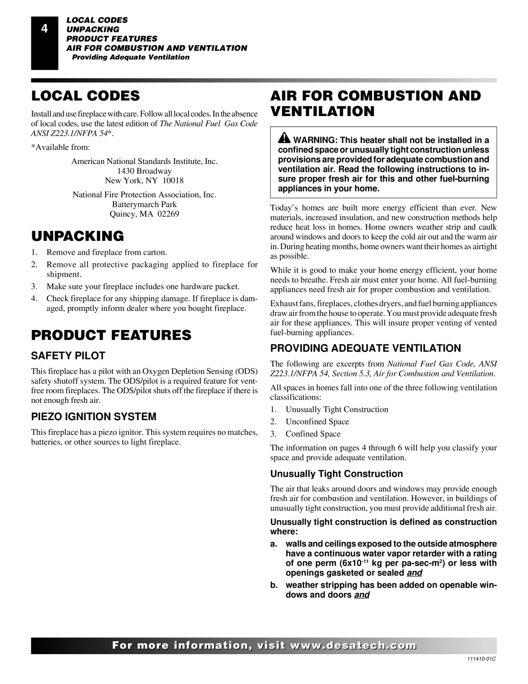 Desa CF26NT installation manual Local Codes, Unpacking, Product Features, AIR for Combustion and Ventilation 