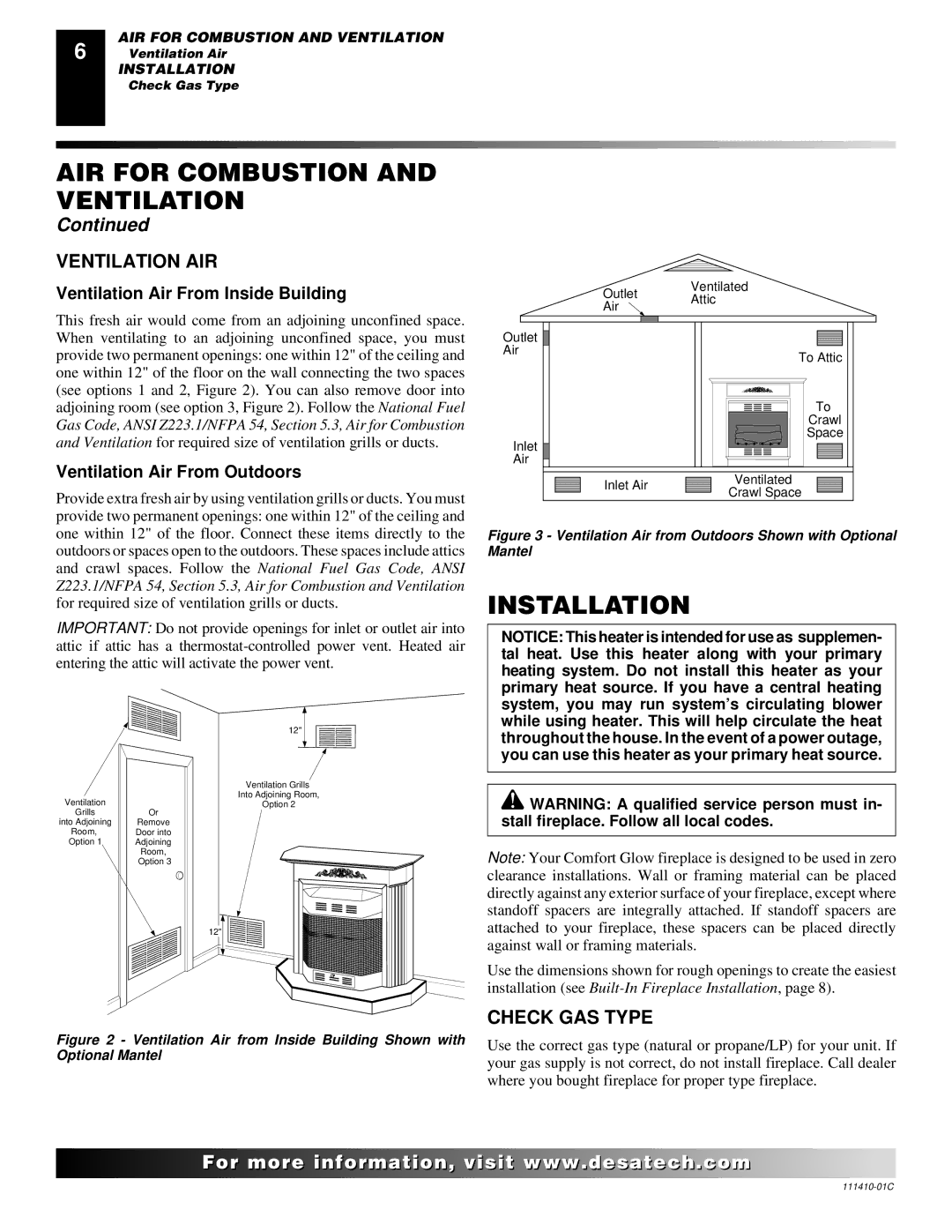 Desa CF26NT installation manual Installation, Ventilation AIR, Check GAS Type, Ventilation Air From Inside Building 