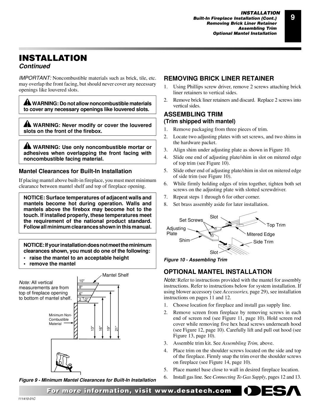 Desa CF26NT Removing Brick Liner Retainer, Assembling Trim, Optional Mantel Installation, Trim shipped with mantel 