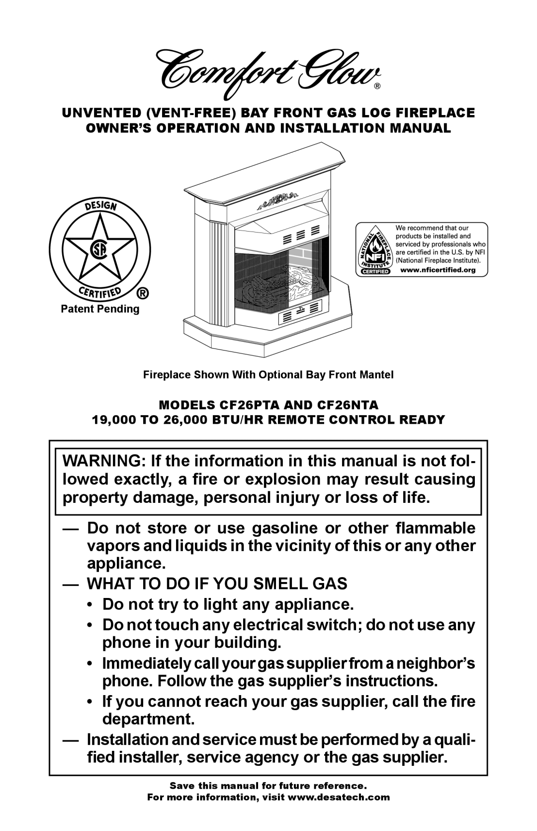 Desa CF26NTA installation manual What to do if YOU Smell GAS 