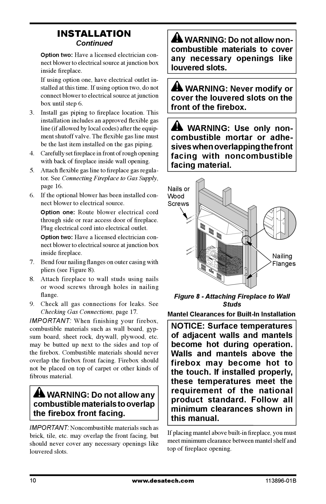 Desa CF26NTA installation manual Attaching Fireplace to Wall Studs, Mantel Clearances for Built-In Installation 