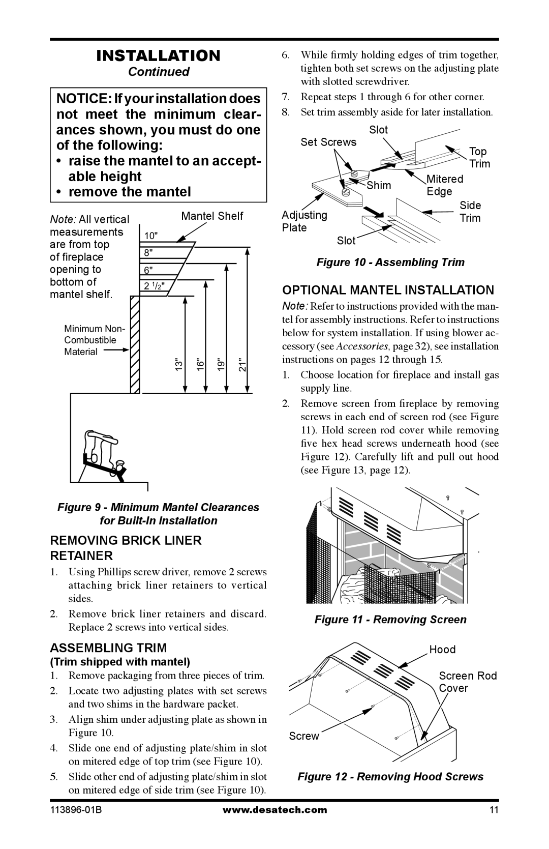 Desa CF26NTA Optional Mantel Installation, Removing Brick Liner Retainer, Assembling Trim, Trim shipped with mantel 