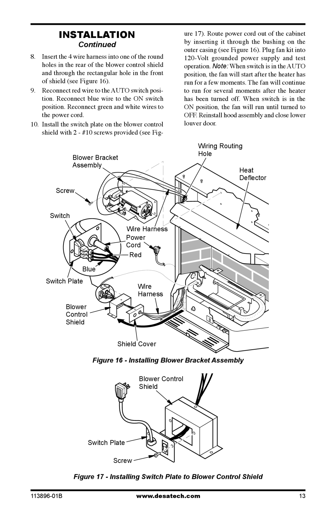 Desa CF26NTA installation manual Installing Blower Bracket Assembly 