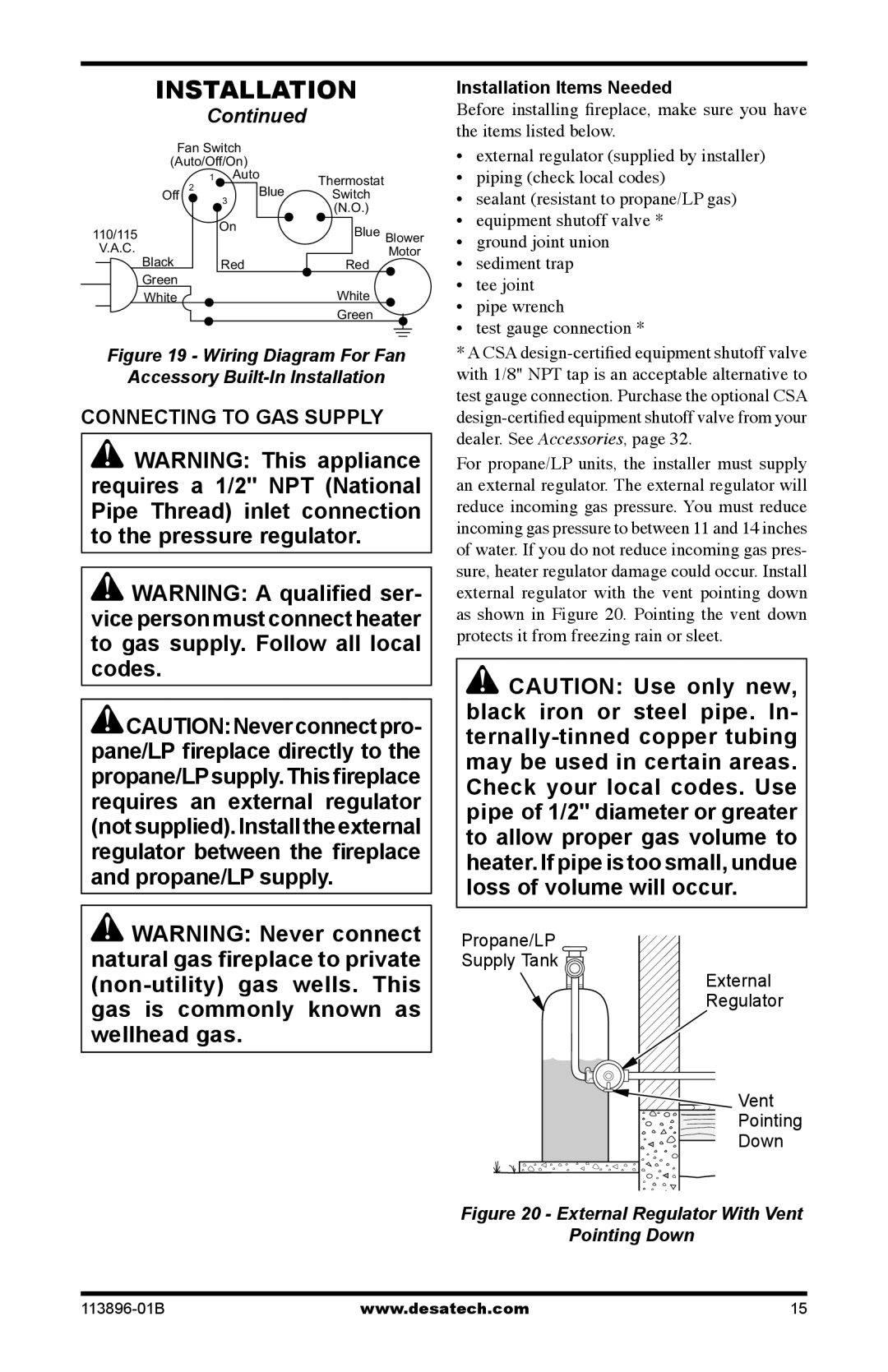 Desa CF26NTA installation manual Connecting to GAS Supply, Installation Items Needed 