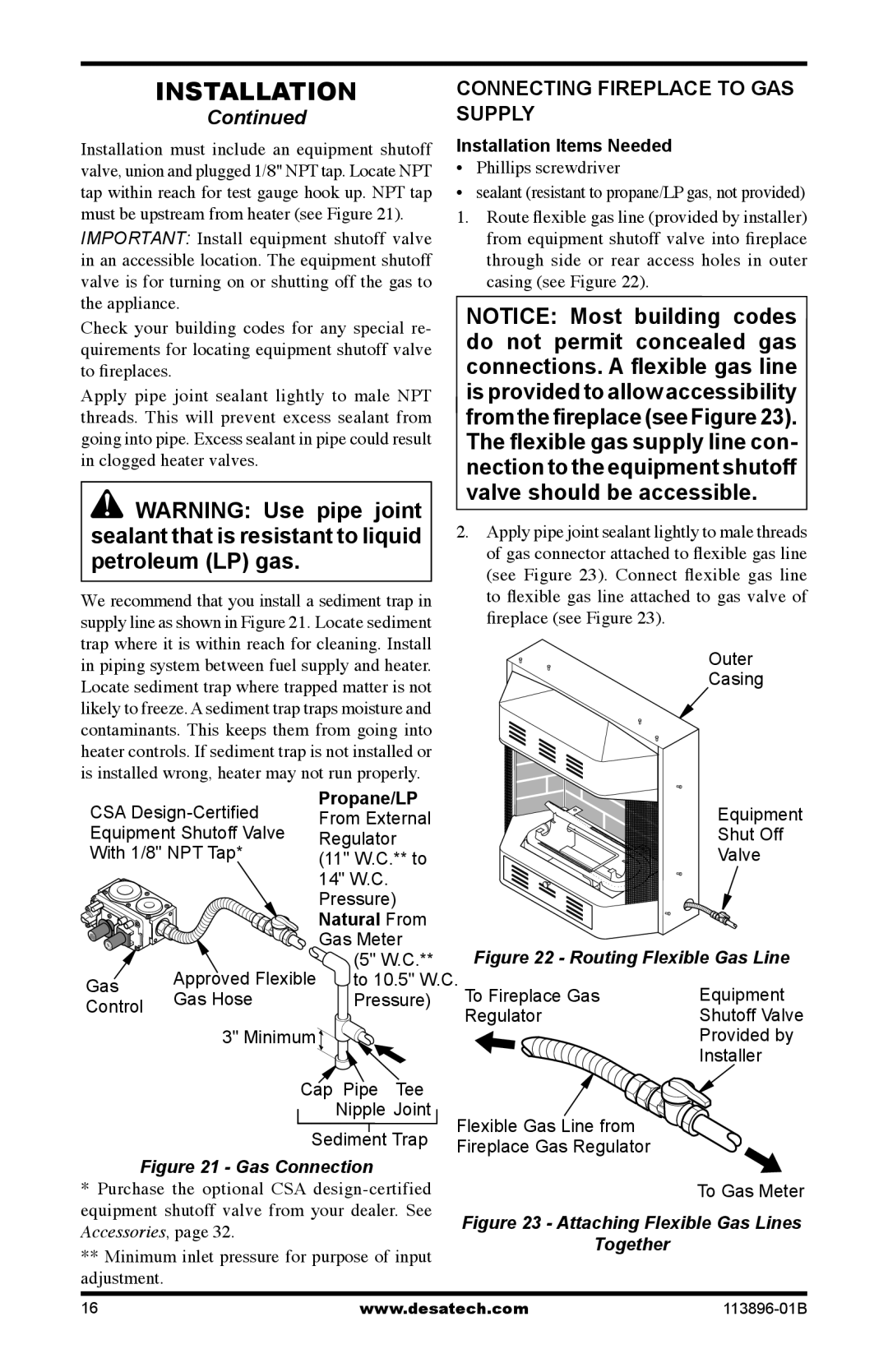 Desa CF26NTA installation manual Connecting Fireplace to GAS Supply, Propane/LP, Natural From 