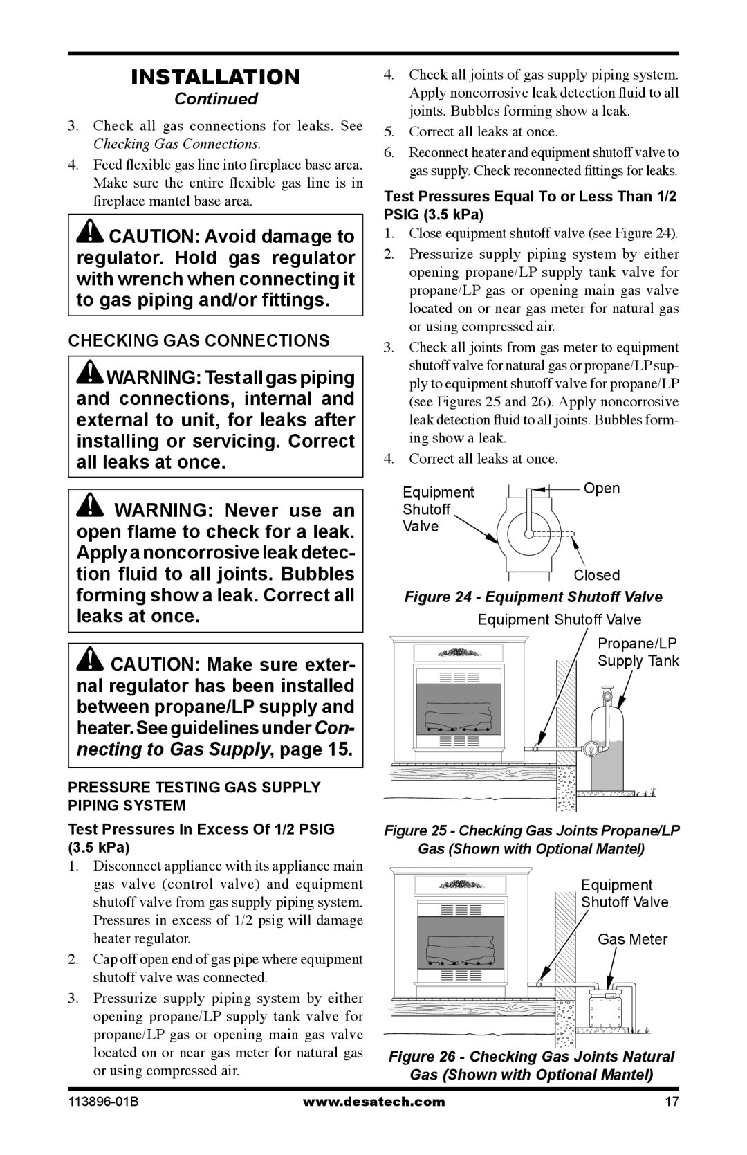 Desa CF26NTA installation manual Checking GAS Connections, Test Pressures Equal To or Less Than 1/2 Psig 3.5 kPa, KPa 