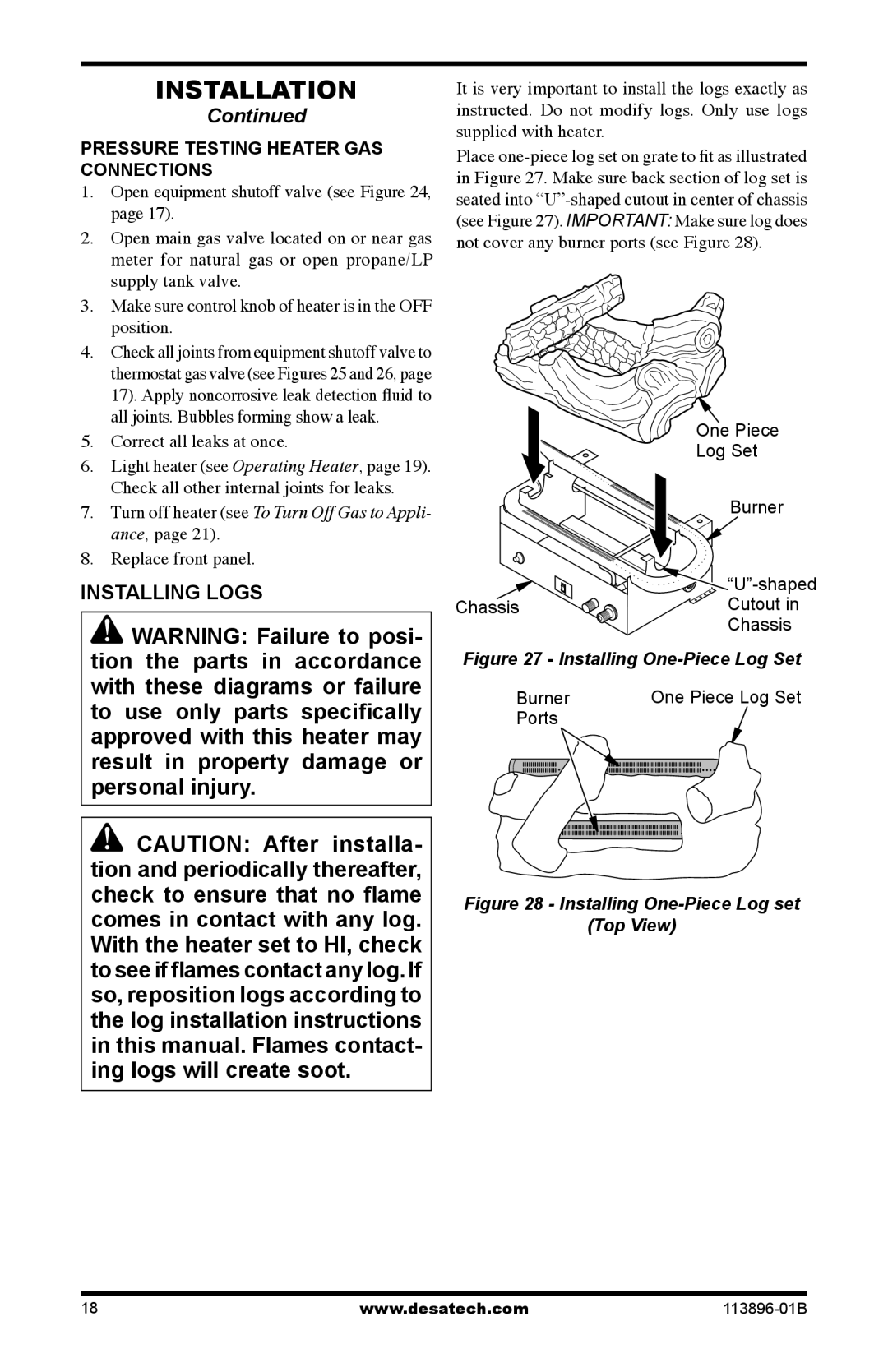 Desa CF26NTA installation manual Installing Logs, Pressure Testing Heater GAS Connections 