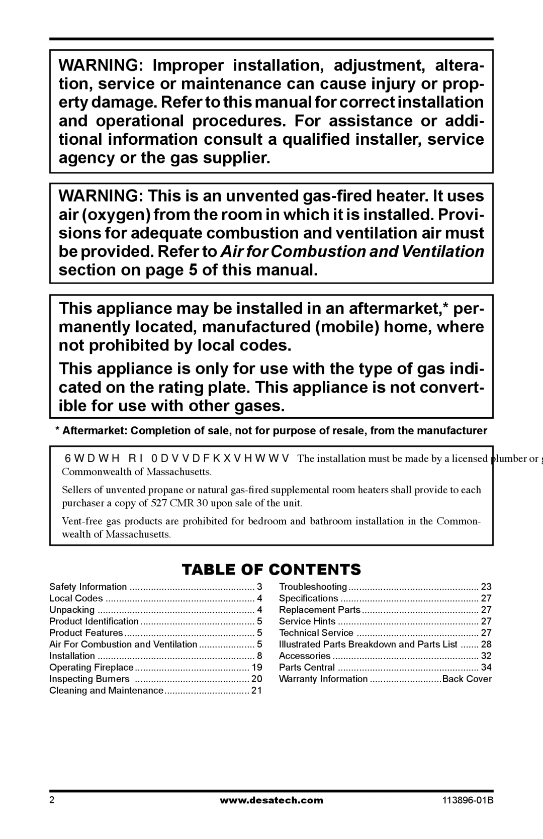 Desa CF26NTA installation manual Table of Contents 