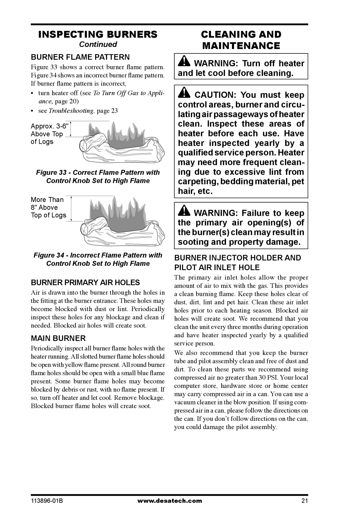 Desa CF26NTA installation manual Cleaning Maintenance, Burner Flame Pattern, Burner Primary AIR Holes, Main Burner 