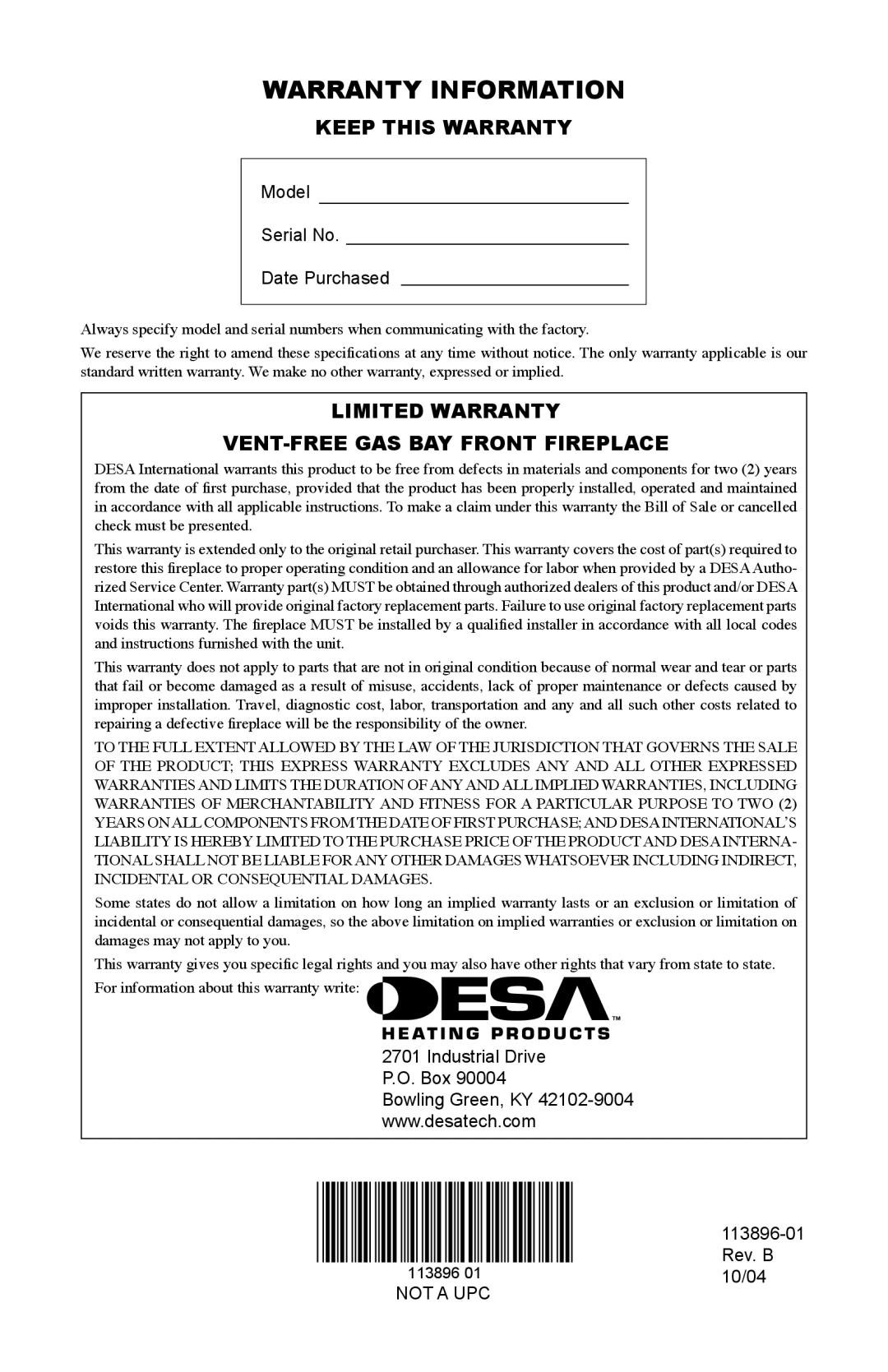 Desa CF26NTA Warranty Information, Keep this Warranty, Limited Warranty VENT-FREE GAS BAY Front Fireplace 