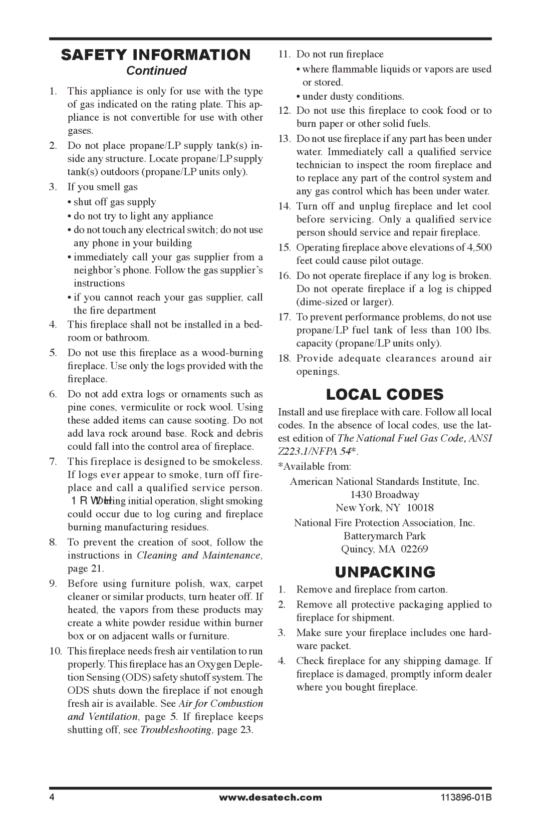 Desa CF26NTA installation manual Local Codes, Unpacking 