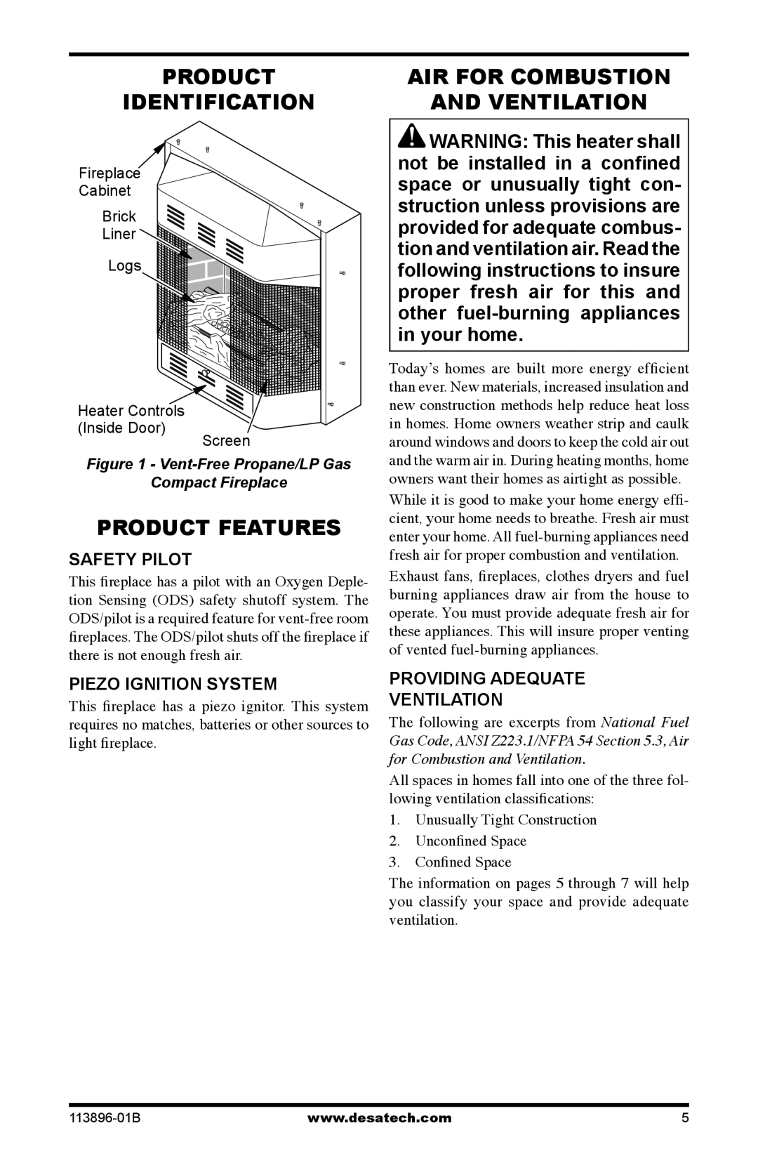 Desa CF26NTA Product Identification, Product Features, Safety Pilot, Piezo Ignition System, Providing Adequate Ventilation 