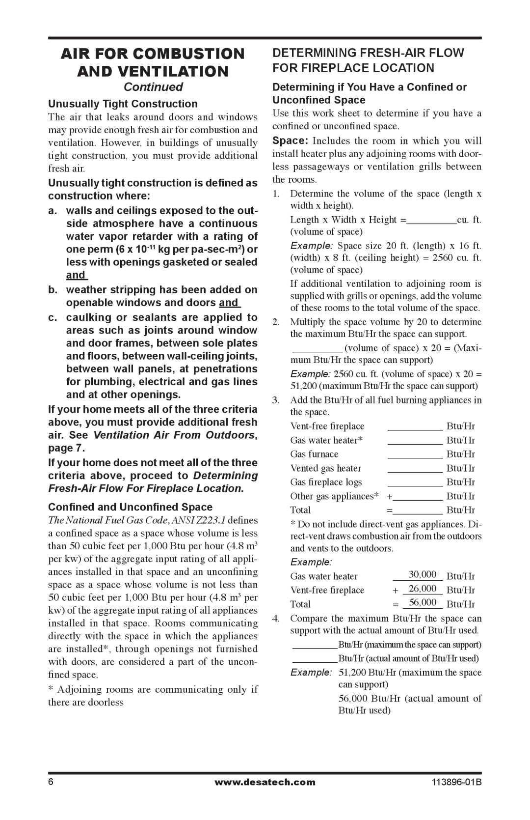 Desa CF26NTA installation manual AIR for Combustion Ventilation, Determining FRESH-AIR Flow for Fireplace Location 