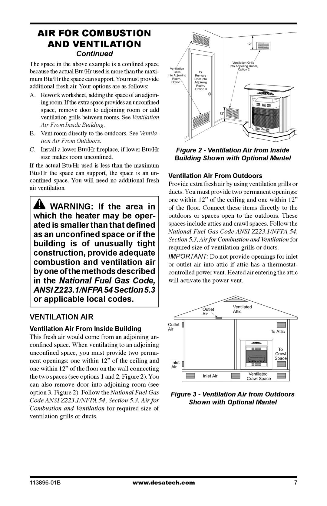 Desa CF26NTA installation manual Ventilation AIR, Ventilation Air From Inside Building, Ventilation Air From Outdoors 