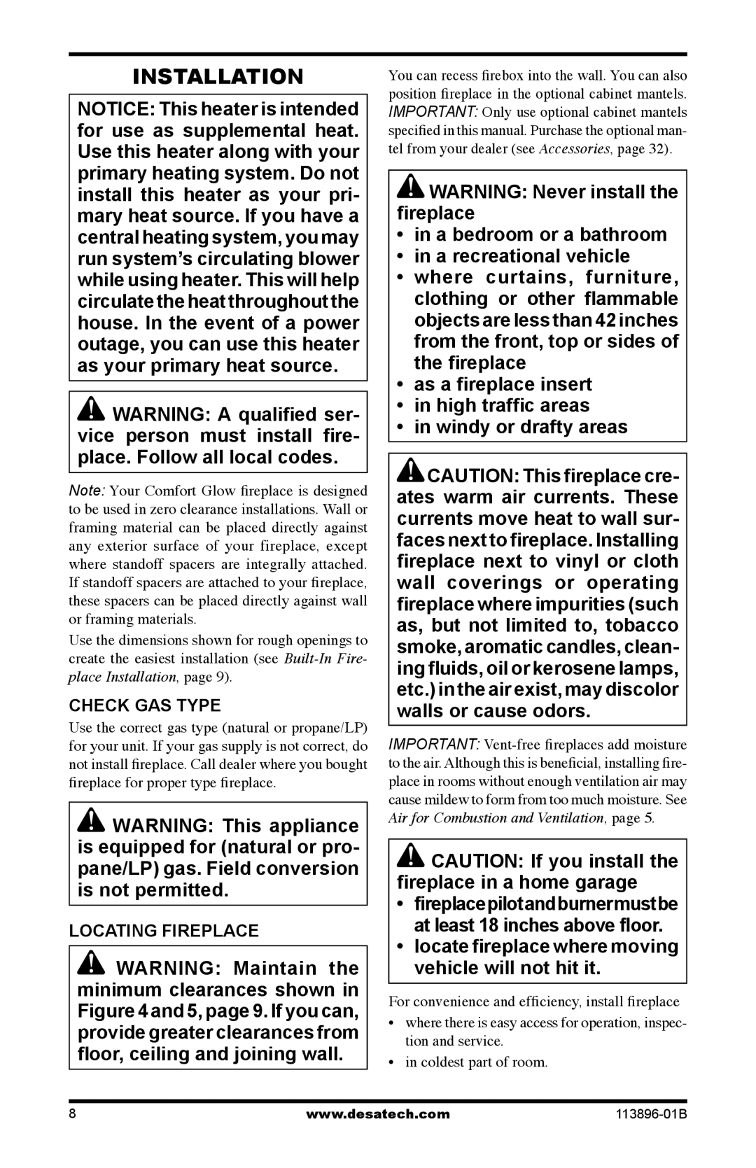 Desa CF26NTA installation manual Installation, Check GAS Type, Locating Fireplace 