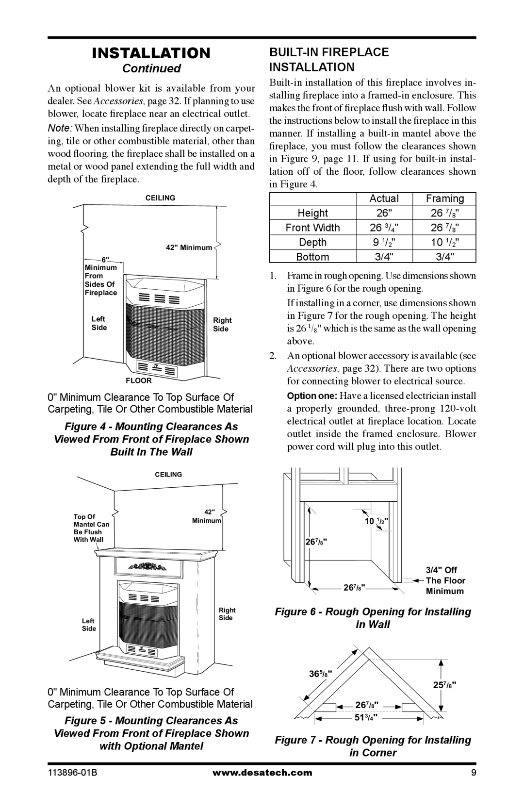 Desa CF26NTA installation manual BUILT-IN Fireplace Installation, Rough Opening for Installing Wall 