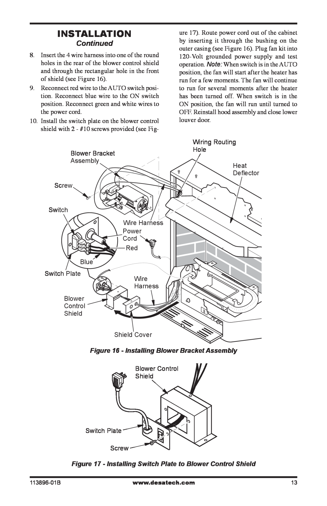 Desa CF26NTA installation manual Continued, Installing Blower Bracket Assembly 