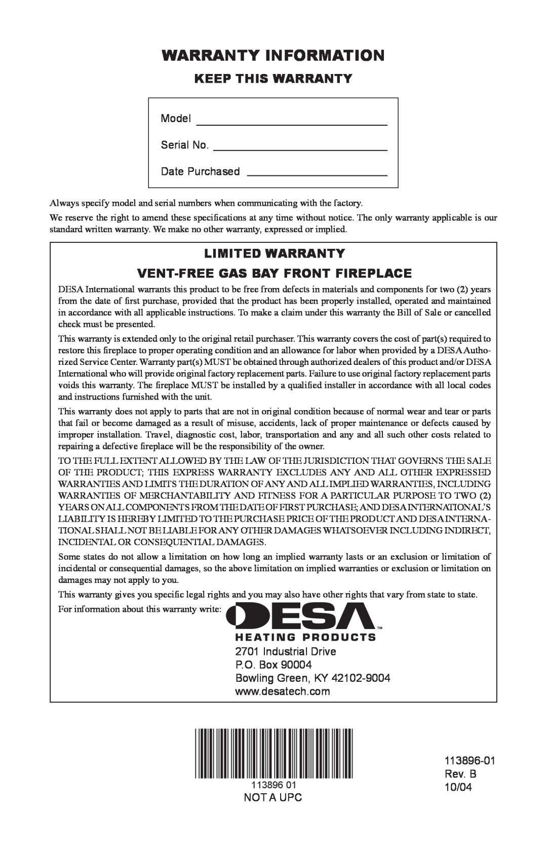 Desa CF26NTA Warranty Information, Keep This Warranty, Limited Warranty Vent-Freegas Bay Front Fireplace 