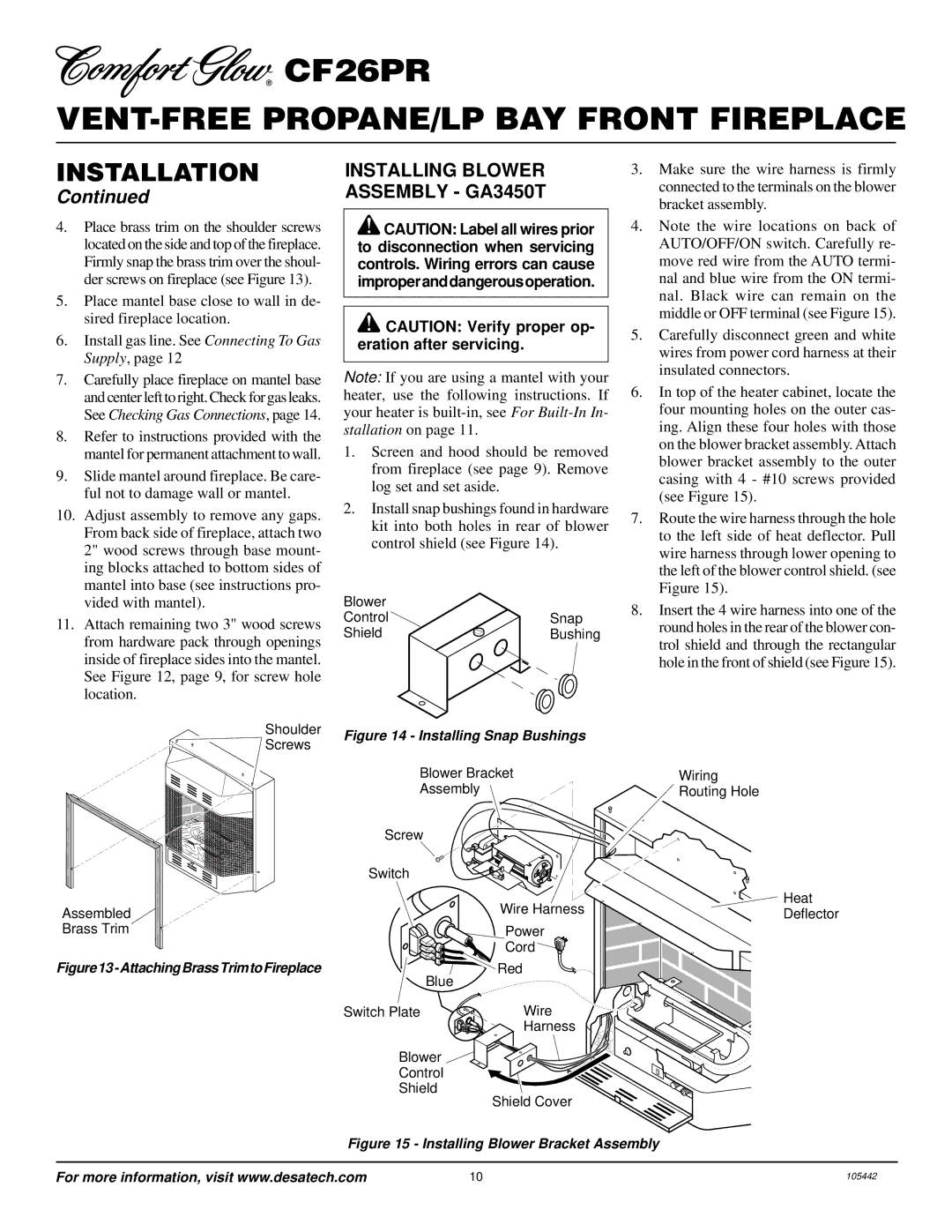 Desa CF26PR installation manual Installing Blower Assembly GA3450T, Installing Snap Bushings 