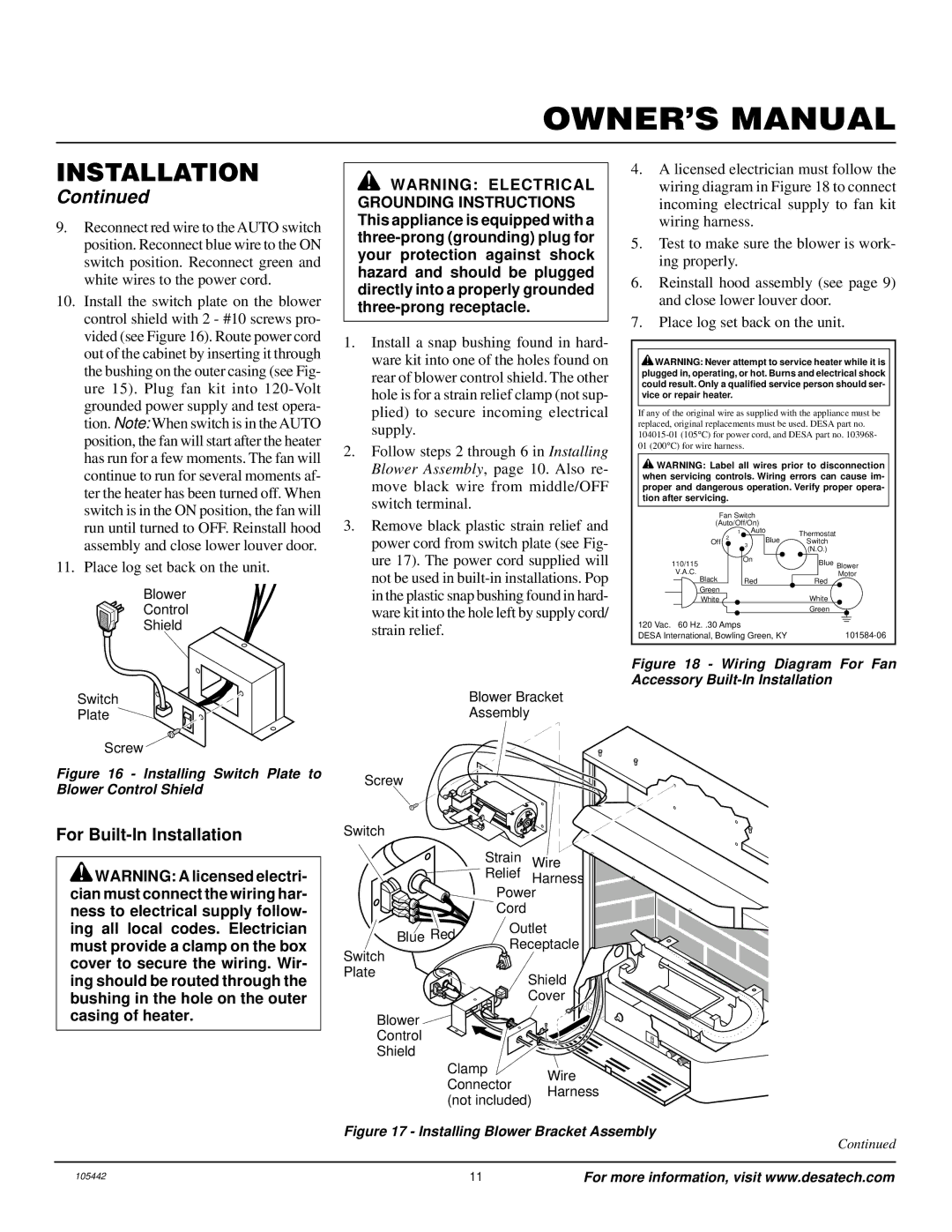 Desa CF26PR installation manual For Built-In Installation, Blower Control Shield Clamp Wire 