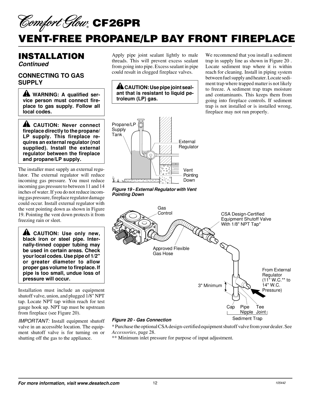 Desa CF26PR installation manual Connecting to GAS Supply, With 1/8 NPT Tap 